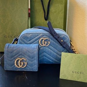 GUCCI GG Marmont Denim Crossbody Bag & Wallet Set